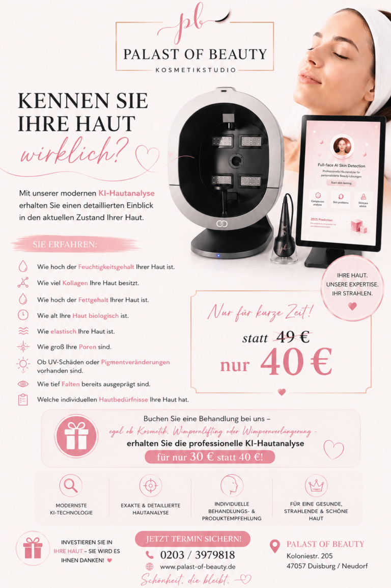 Professionelle KI-Hautanalyse bei Palast of Beauty in Duisburg zur Analyse von Hautalter, Poren, Pigmentflecken, Feuchtigkeit und UV-Schäden.